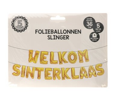 Folieballon &quot;Welkom Sinterklaas&#039;&#039; - Goud - 5 meter lint - Ophangoogjes - Hoogte 36 cm - 5 December - Ballon - Ballonnen - Sint - Piet 