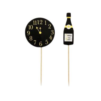 cocktailprikkers met ''klok'' en ''champagne'' - Zwart / Wit / Goud - K