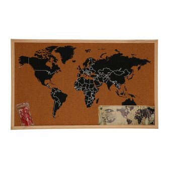 Wereldkaart prikbord met punaises - Bruin / Zwart - Hout / Kurk - 60 x 40 cm