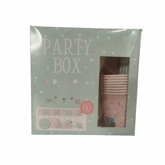 Party box Diertjes - Roze / Lichtblauw - Kat - Konijn - Hond - Feest set - 65 Stuks - Slinger - Bekers - Bordjes - Rietjes - Feestje - Kinderfeest - Servetten - Roltongen - Feesthoedjes 