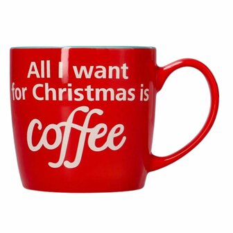 Mok &#039;&#039;All I want for christmas is coffee&quot; - Wit / Rood / Groen - 300 ml - 8,2 x 11,8 x 8 cm cm - Keramisch - Kerst - Kerstmis - Kerstman - Beker - Theekop - Kerstdagen