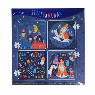 Sinterklaas Puzzel 4 in 1 - Multicolor - Karton - 4 Puzzels - 4, 6, 9 &amp; 12 stukjes - Sint en Piet - Cadeau