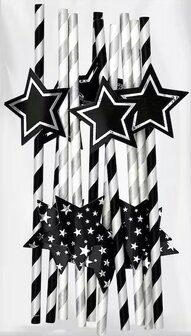 Papieren / Kartonnen Rietjes met ''Ster'' - Zwart / Wit / Zilver - Papier - 10 stuks - Party collec