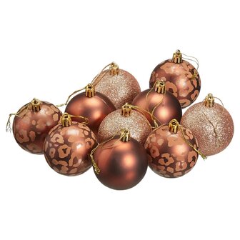 Luxe kerstballen - Bruin (rose) / Roze - Luipaard / Panter print - Set van 10 - Kerst