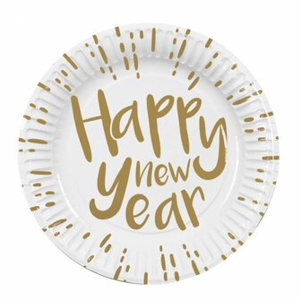 Happy New Year - Papieren bekers, borden en servetten - oud en nieuw - Goud / Wit - Karton - set van 6 bekers, 6 borden en 12 servetten 