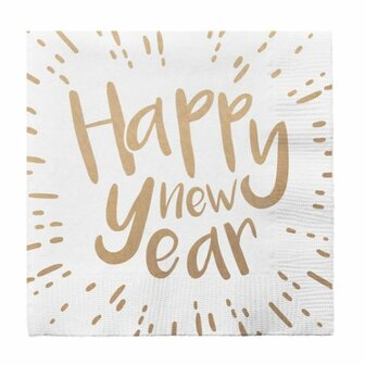 Happy New Year - Papieren bekers, borden en servetten - oud en nieuw - Goud / Wit - Karton - set van 6 bekers, 6 borden en 12 servetten 