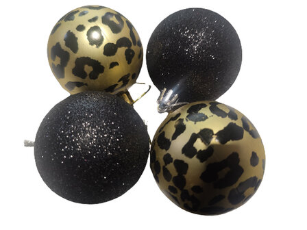 Luxe kerstballen - Zwart / Goud - Luipaard / Panter print - Set van 8 - Kerst