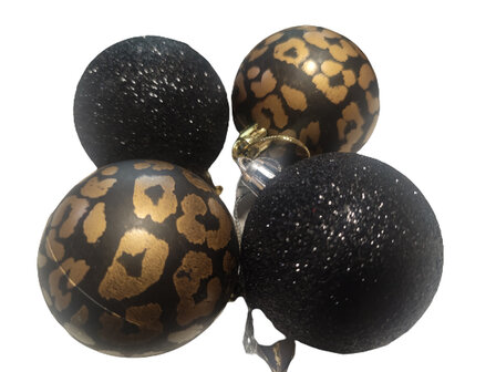 Luxe glitter kerstballen BLITZ met panter print - Zwart / Goud - Kunststof - set van 8 - Kerst - kerstmis - kerstboom 