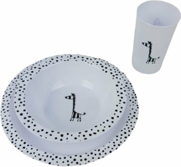 Ontbijt set - Bord - Beker - Schaaltje - Kommetje - Giraffe - Zwart / Wit - Kunststof 1