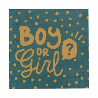 Boy Or Girl ? Servetten - Blauw / Petrol / Goud - Gender Reveal Party - Papier - Geboorte - 6,5 x 6,5 cm - 12 Stuks 