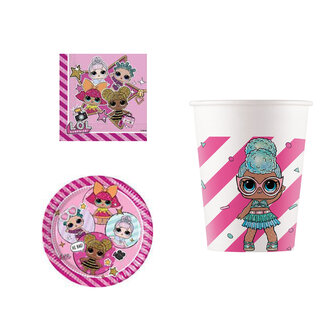 Set van LOL van 8 x feest borden ( 23 cm ) + 1 pak servetten + 8 x bekers 