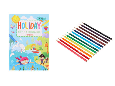 Het grote Zomer Activiteiten &amp; kleurboek  met stickers -+ 12 Kleurpotlodenset - Zomer Doeboek - Handig voor onderweg in de 