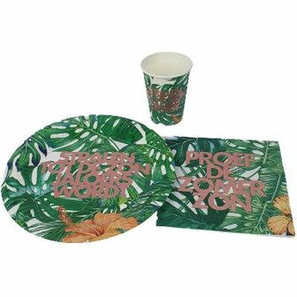 Verjaardag Jungle - Set van 3 - Bloemenprint - Papier/Karton - Servetten / Bordjes / Bekertjes - Verjaardag - Feestje - Proef d
