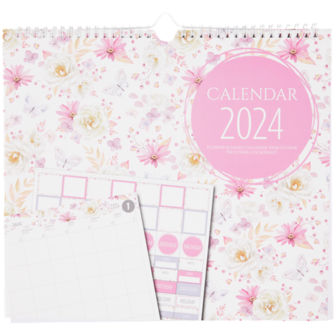 Familieplanner Flowers 2024 - Roze / Wit