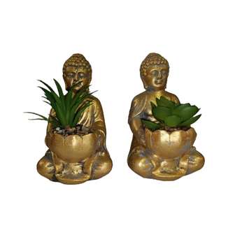 Boeddha met vetplantje - Assorti - Boeddha - Kunstplanten - 9.5 x 9.5 x 13 cm