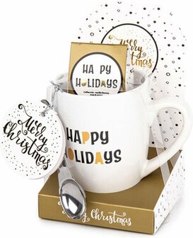 Happy Holidays cadeau mok met koffiepoeder - Wit / Zwart / Goud - Keramiek / Karton - 11 x 9.5 x 17 cm - Cadeau - Kerstmis - Fe