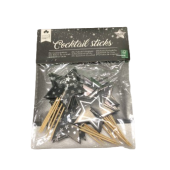 Cocktailprikkers met '' Ster '' - Zwart / Zilver - Karton / Hout - 24 stuks - Cocktail Sticks 1