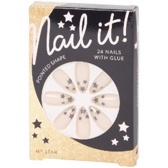 Nep Nagels My Star - Kunststof - Zwart / Goud - 24 Nagels met Lijm - Pointed Shape - Plak nagels - Kunstnagels