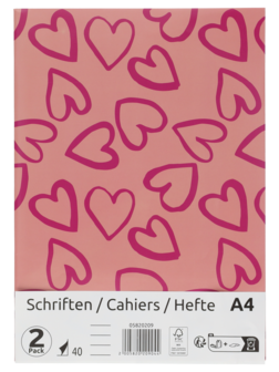 Schriften gelijnd A4 HEART- Roze - Papier  - 2 Stuks - 40 Pagina&#039;s - Schoolschrift - Schrift - Back To School - School - K