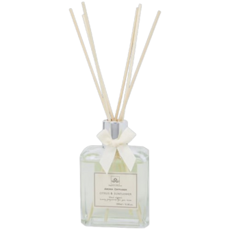 Geurstokjes met strik CITRUS &amp; SUNFLOWER - Transparant / Zilver - Glas / Hout - 280 ml - Huisparfum aroma diffuser