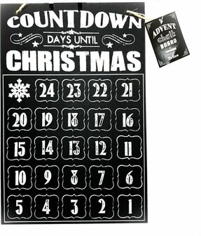 Christmas Countdown bord - Kerst Advent bord - Zwart / Wit - Hout / Touw - 31 x 47 cm