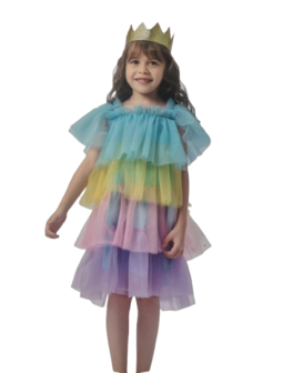 Prinses set - Jurk en Kroon - Multicolor - 5 tot 7 jaar - Gouden Kroonband - Verkleden - Feest - Party - Feestaccessoires - Pri