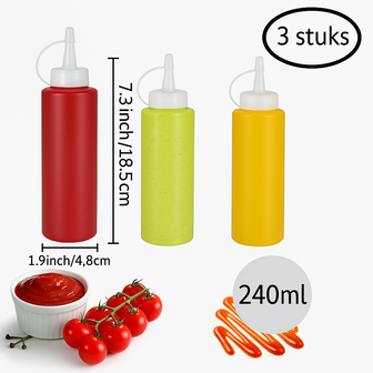 Multifunctionele knijpflessen - Transparant / Wit - Kunststof - Set van 3 - 240 ml - Spuitflessen - Sausflessen - Dressing - Ba