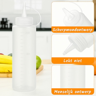 Multifunctionele knijpflessen - Transparant / Wit - Kunststof - Set van 3 - 240 ml - Spuitflessen - Sausflessen - Dressing - Ba