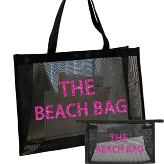 Make up tas / Toilettas - THE BEACH BAG - Zwart / Roze  - Nylon / Mesh - 18 x 7 x 13 cm -  The beach bag - Hoogwaardig - Doorzi
