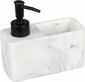 Luxe Marmer look Zeepdispenser met bakje - Wit/ Grijs - Polyresin - 14,5 x 6 x 13,5 cm - Met handige voor Sponsjes - Afwasmiddeldispenser Marmerkleurig, zeepdispenser voor de keuken in marmerlook met handig sponsvak, , v