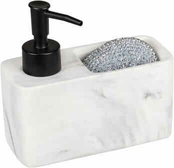 Luxe Marmer look Zeepdispenser met bakje - Wit/ Grijs - Polyresin - 14,5 x 6 x 13,5 cm - Met handige voor Sponsjes - Afwasmiddeldispenser Marmerkleurig, zeepdispenser voor de keuken in marmerlook met handig sponsvak, , v