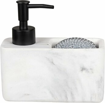 Luxe Marmer look Zeepdispenser met bakje - Wit/ Grijs - Polyresin - 14,5 x 6 x 13,5 cm - Met handige voor Sponsjes - Afwasmiddeldispenser Marmerkleurig, zeepdispenser voor de keuken in marmerlook met handig sponsvak, , v