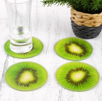 Luxe onderzetter FRUIT Kiwi - Multicolor - Glas - &Oslash; 9 cm - Set van 4 - Rond