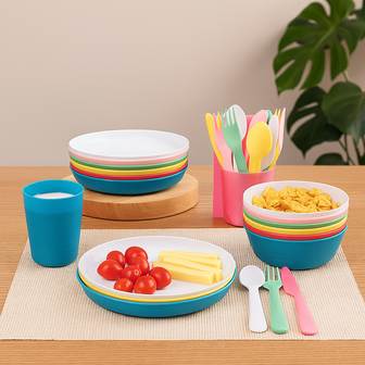 Bobby Kinderservies Compleet &ndash; 30-delige Set met Borden, Kommen &amp; Bestek - Muliticolor - Kunststof