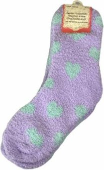 Super Soft huissokken HEART - Warme fluffy sokken - Paars / Groen - Maat 39 - 40 - 2 paar