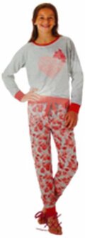 Pyjamapak met bloemetjes - Grijs / Rood - Polyester - Maat 98 / 104