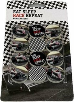mini gummen met de tekst ''eat sleep race repeat'' - Zwart / Wit - 12 stuks