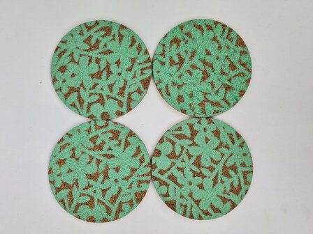 Onderzetters met bloemenprint PAULA - Blauw / Bruin - Rond - Kurk - Set van 4