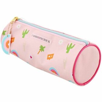 Etui met figuren - Verschillende figuren - Met regenboog hanger - Roze - Rond - (&Oslash;xl) 8 x 23 cm