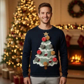 Kersttrui - Kerstboom met kerstballen - Donkerblauw - Polyester - Maat L