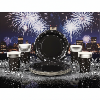 Papieren bekers en borden PARTY COLLECTION NY - oud en nieuw - Zilver / Zwart - Karton - ⌀ 18 cm - set van 12 bekers en 15 bo