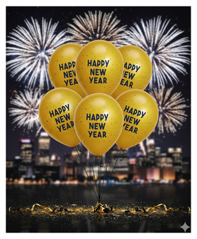 Ballonnen "Happy New Year" - Goud / Zwart - Kunststof - Set van 6 - Oud en Nieuw - Oudjaar - 31 december - Feest 