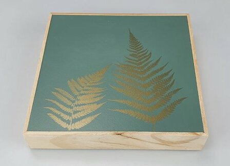 Houten schilderij met blad motief BOTANICA - Goud / Groen / Bruin - Hout - 20 x 20 x 3.7 cm - Vierkant