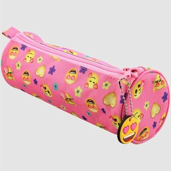Etui met emoji print meisjes - Roze / Geel - Kunststof - ⌀ 8 x l 21 cm - Back To School - School - Tekenetui - Pennenetui