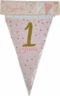 &Eacute;&eacute;n jaar verjaardag vlaggenlijn - Slinger - Roze - Verjaardag - Feest - Herbruikbaar - 4 Meter