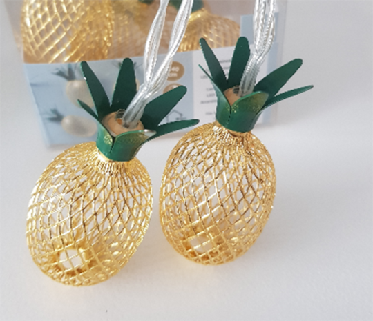 Decoratieve ananas lichtslinger - Goud / Groen - 8 led lampen