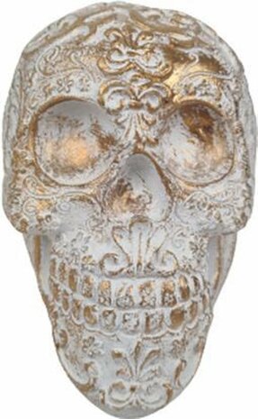 Decoratief beeld Skull - Doodshoofd - Wit / Goud - Kunststof - Halloween - 12 x 13 x 9 cm
