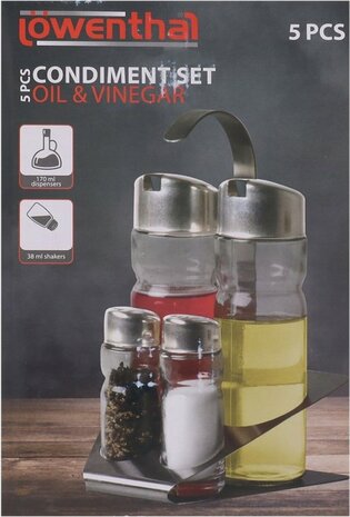 Olie & Azijn en Peper & Zout Set LUUK - Keuken Musthave - Transparant / Zilver - Glas / Metaal - 5 Delig