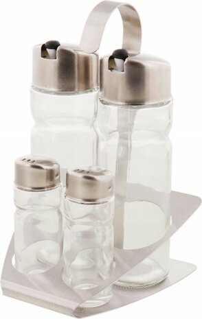 Olie & Azijn en Peper & Zout Set LUUK - Keuken Musthave - Transparant / Zilver - Glas / Metaal - 5 Delig