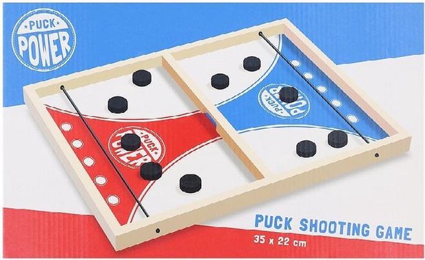 Puckschietspel - Puck shooting game - Blauw / Rood - Hout - 35x22 cm - Schijven schietspel